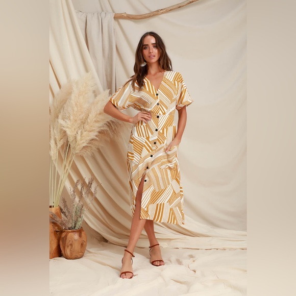 Murni Mustard Yellow Print Button-Up Midi dress - Picture 1 of 16